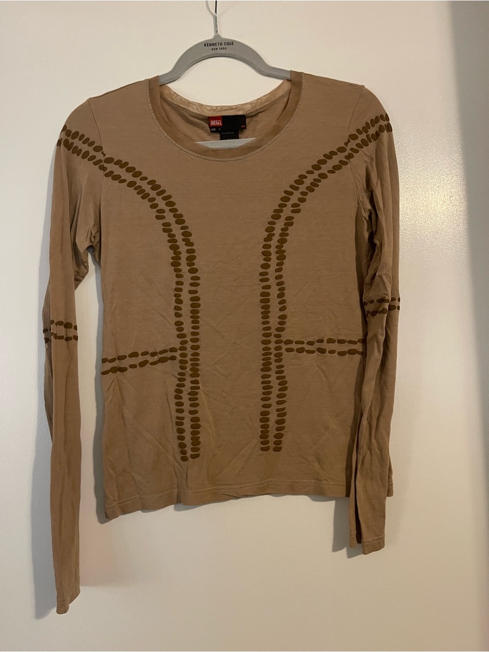 Diesel Beige Long-Sleeve Tee with Brown Dot Pattern